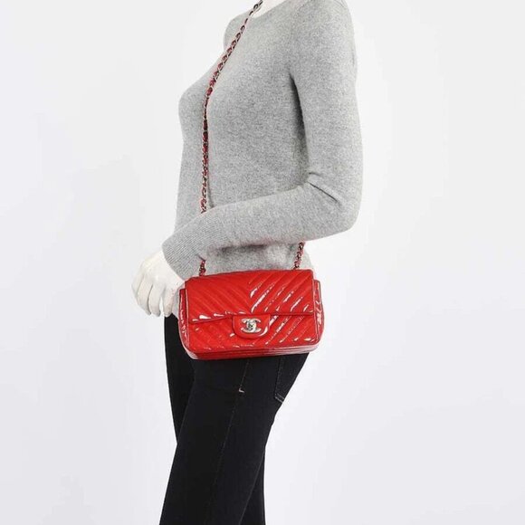 Chanel Red Chevron Quilted Patent Leather Classic Rectangular Mini Flap Bag - Picture 7 of 10